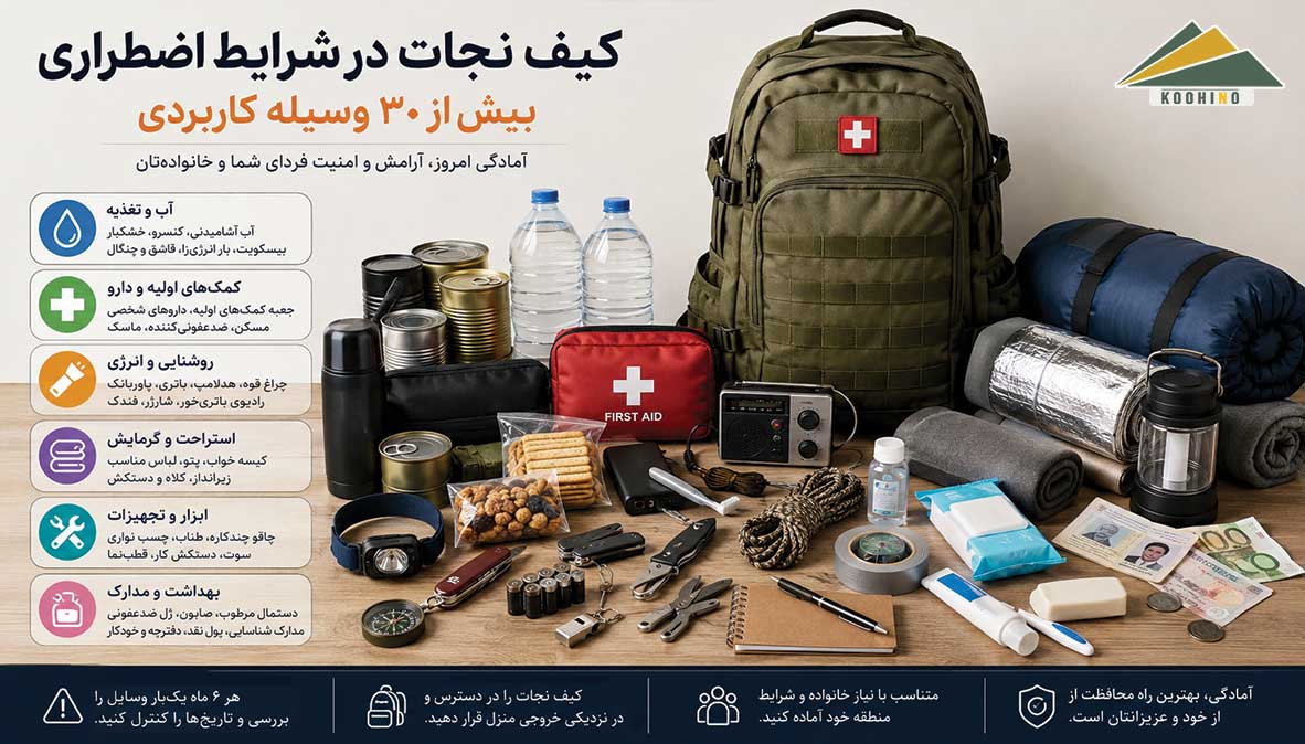 کیف نجات در شرایط اضطراری | بیش از ۳۰ وسیله ضروری داخل کوله نجات
